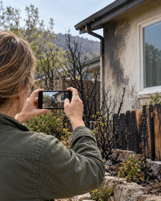 Homeowner photographing a soot-marked house exterior and scorched fence