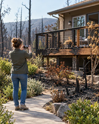 Homeowner documenting a scorched deck and garden from a safe path