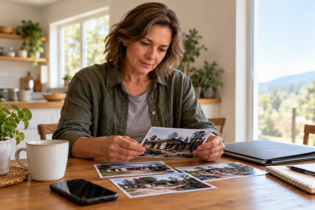 Hands organizing property photographs and a personal record folder